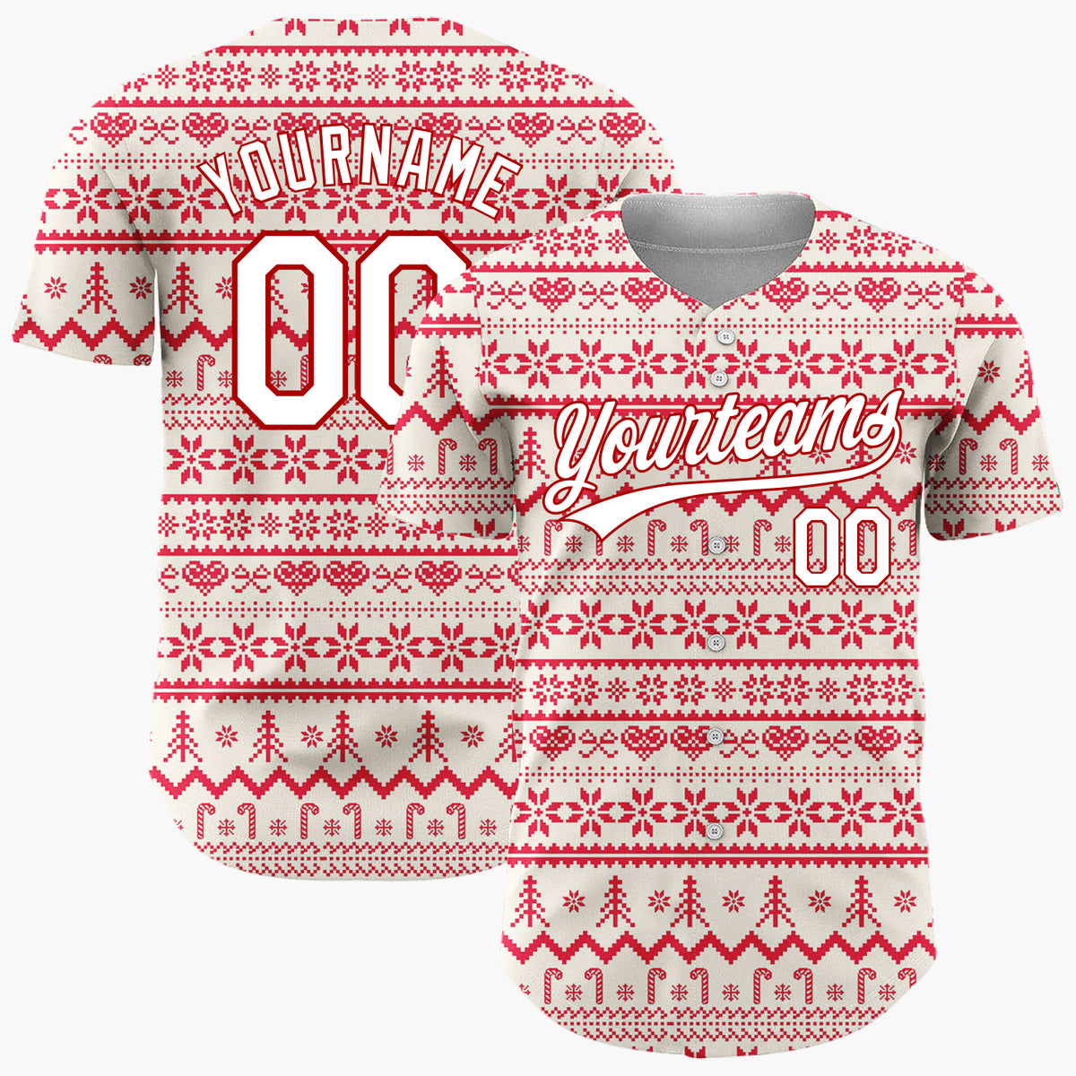 Custom Cream Red Snowflakes Trees And Candy Canes Nordic Fair Isle Christmas Baseball Jersey