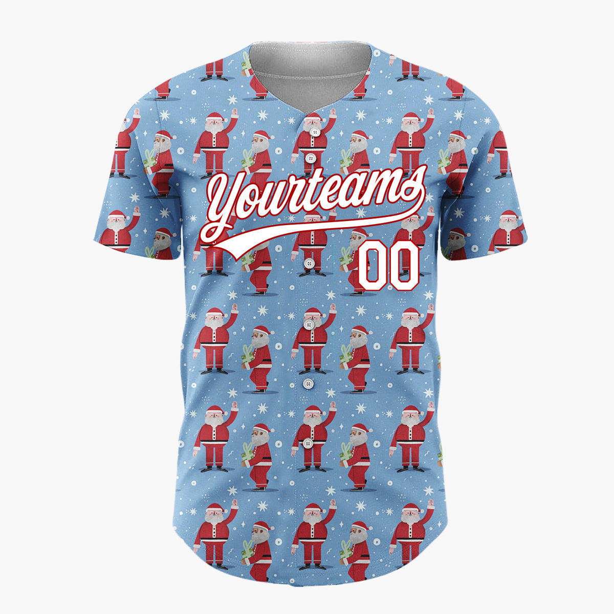 Custom Blue Red Santa Claus And Snowflakes Classic Christmas Baseball Jersey