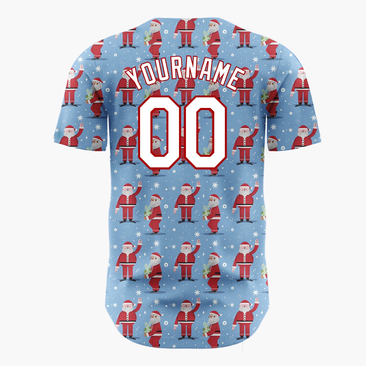 Custom Blue Red Santa Claus And Snowflakes Classic Christmas Baseball Jersey