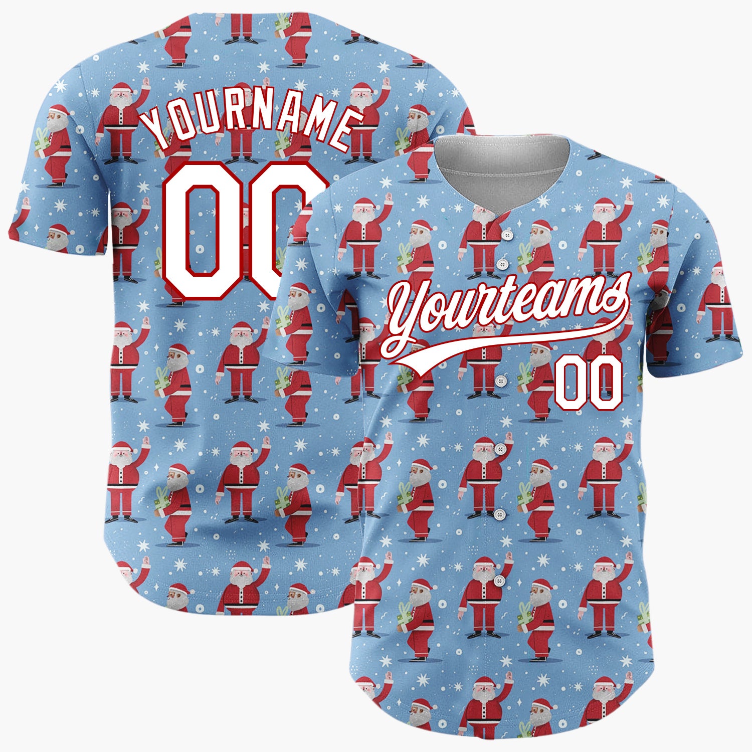 Custom Blue Red Santa Claus And Snowflakes Classic Christmas Baseball Jersey