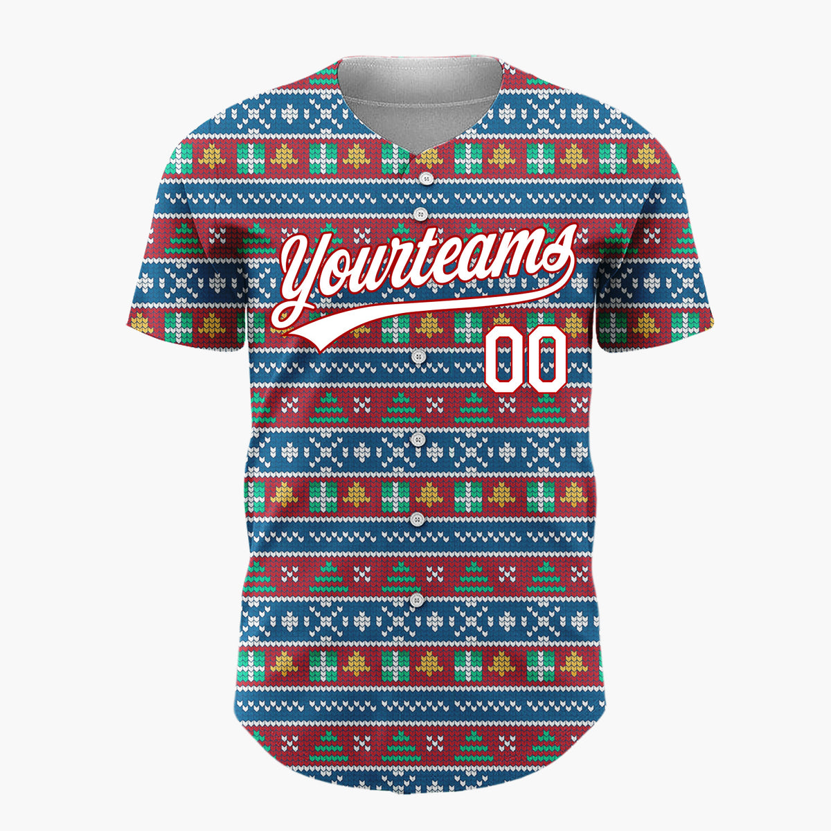 Custom Blue Red Trees And Snowflakes Traditional Knit Pattern Christmas Baseball Jersey