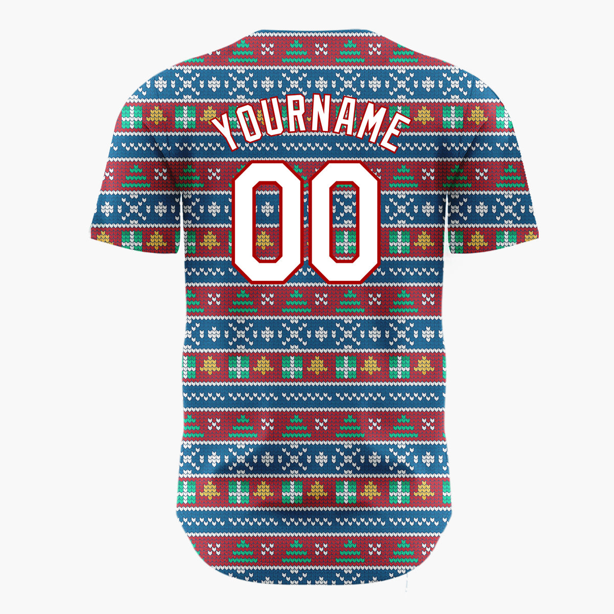 Custom Blue Red Trees And Snowflakes Traditional Knit Pattern Christmas Baseball Jersey
