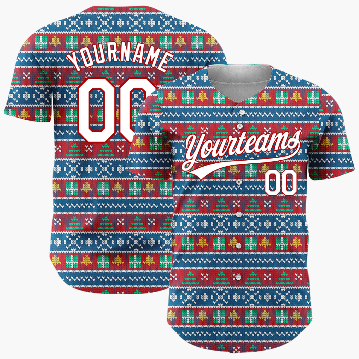 Custom Blue Red Trees And Snowflakes Traditional Knit Pattern Christmas Baseball Jersey