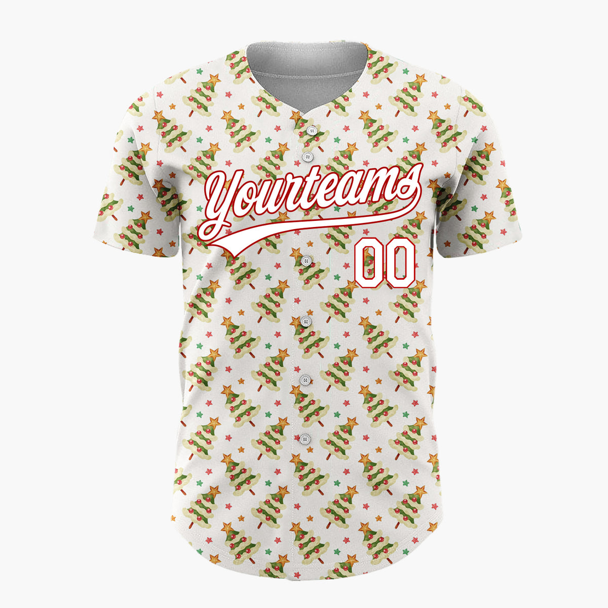 Custom Cream Green Red Tiny Diagonal Trees Simple Holiday Pattern Christmas Baseball Jersey