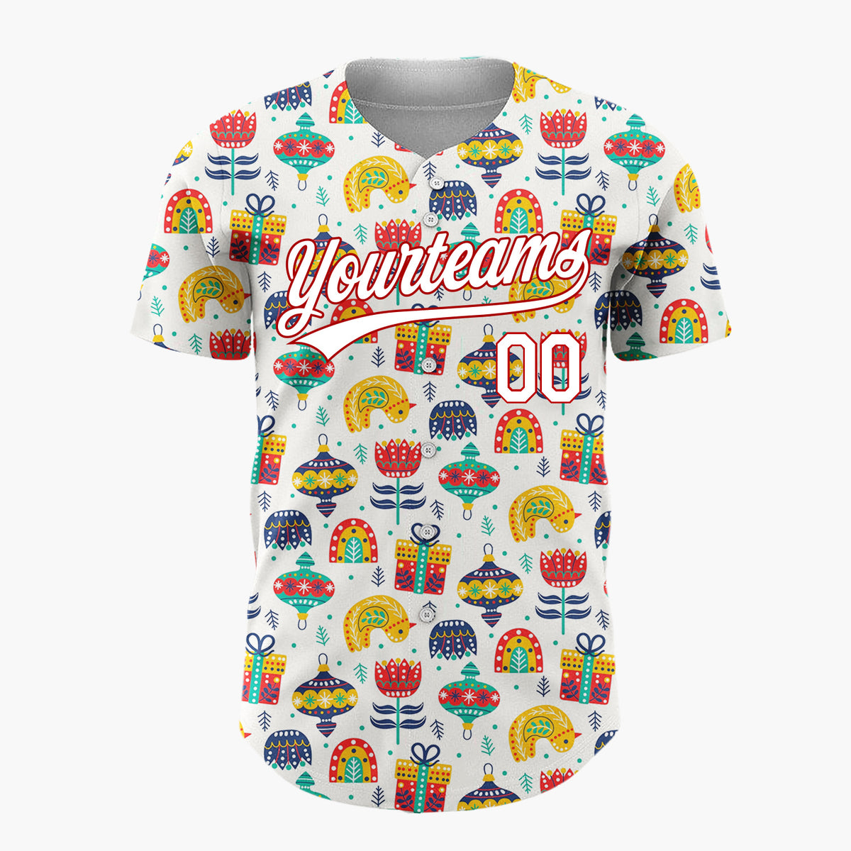 Custom Cream Red Gifts Rainbows And Flowers Whimsical Holiday Pattern Christmas Baseball Jersey