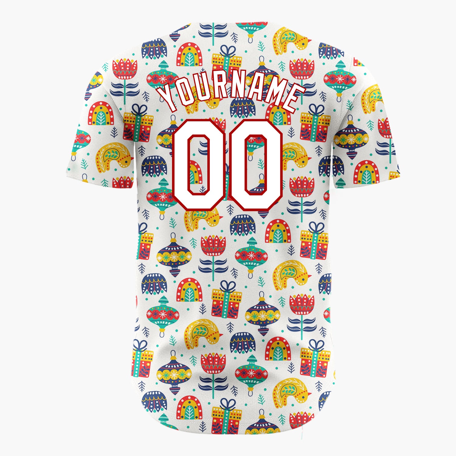 Custom Cream Red Gifts Rainbows And Flowers Whimsical Holiday Pattern Christmas Baseball Jersey