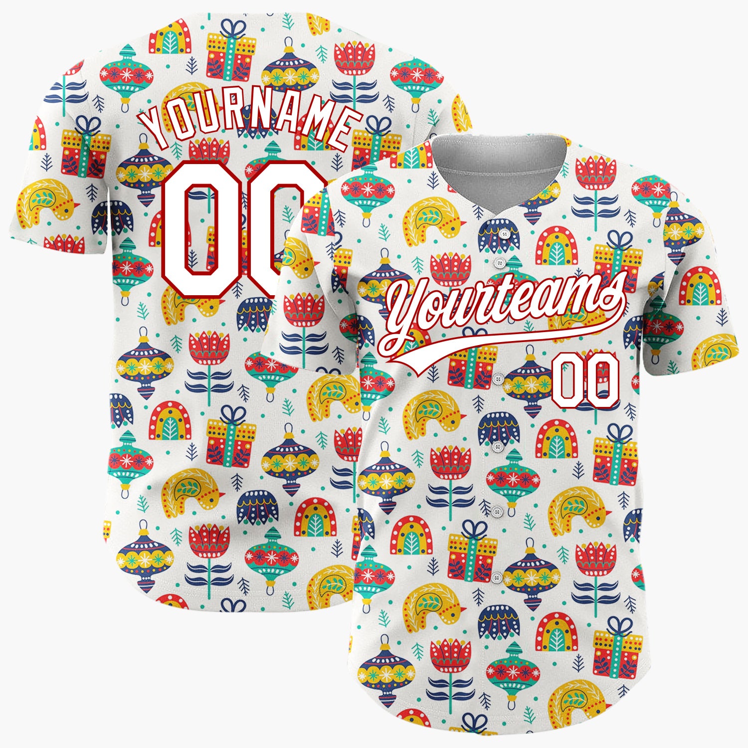 Custom Cream Red Gifts Rainbows And Flowers Whimsical Holiday Pattern Christmas Baseball Jersey