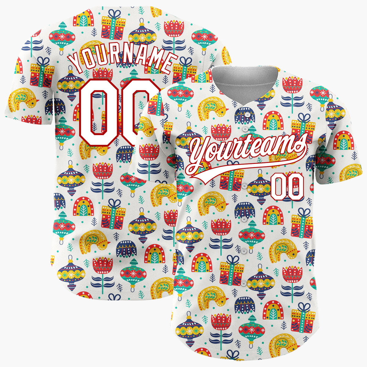 Custom Cream Red Gifts Rainbows And Flowers Whimsical Holiday Pattern Christmas Baseball Jersey