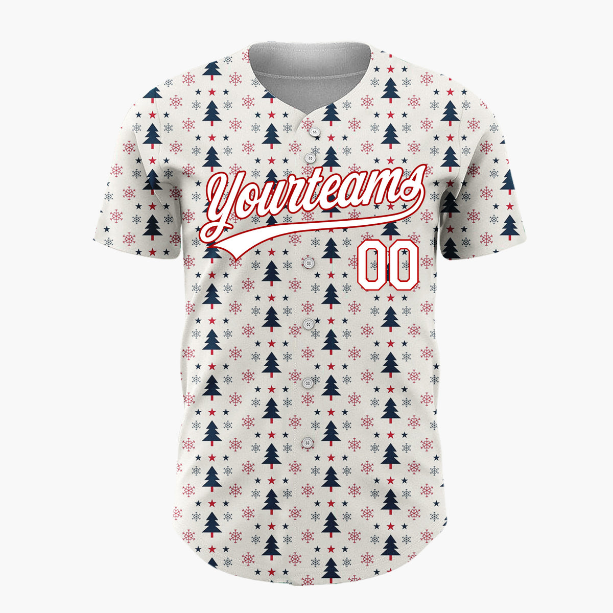 Custom Cream Red Navy Christmas Trees Stars And Snowflakes Minimal Holiday Pattern Christmas Baseball Jersey