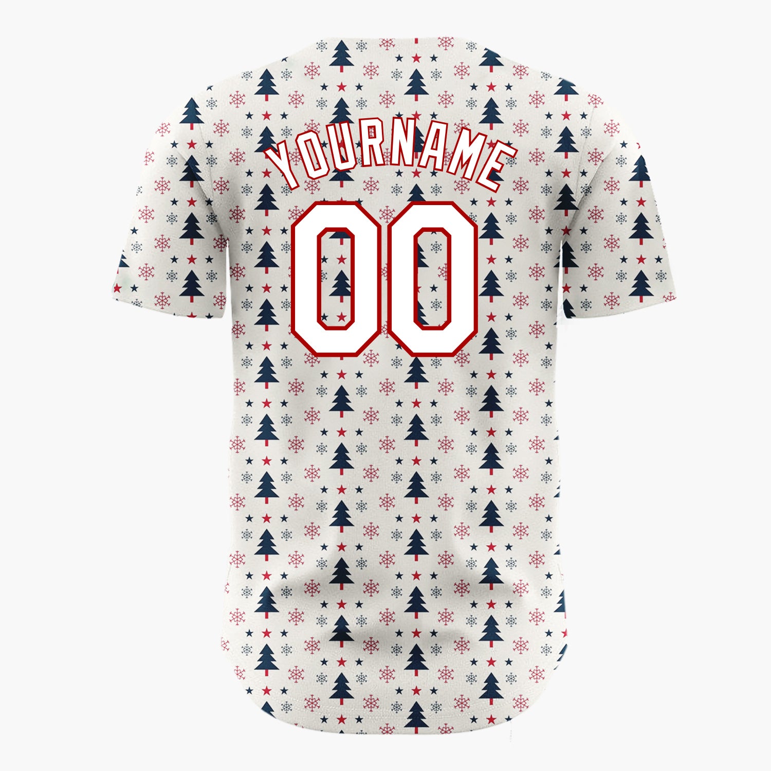 Custom Cream Red Navy Christmas Trees Stars And Snowflakes Minimal Holiday Pattern Christmas Baseball Jersey