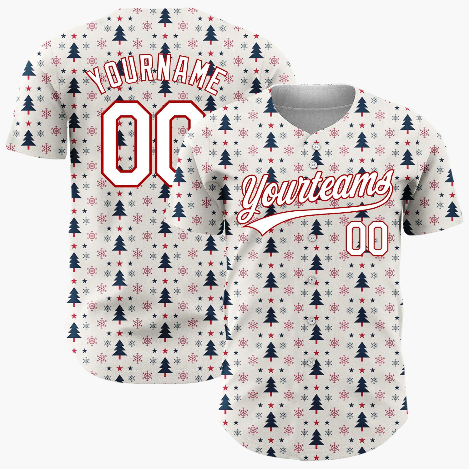 Custom Cream Red Navy Christmas Trees Stars And Snowflakes Minimal Holiday Pattern Christmas Baseball Jersey