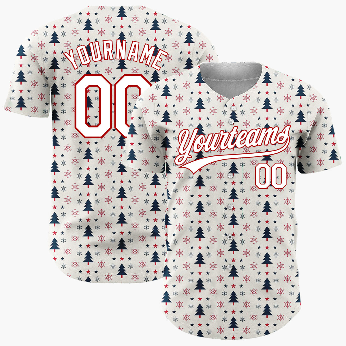 Custom Cream Red Navy Christmas Trees Stars And Snowflakes Minimal Holiday Pattern Christmas Baseball Jersey