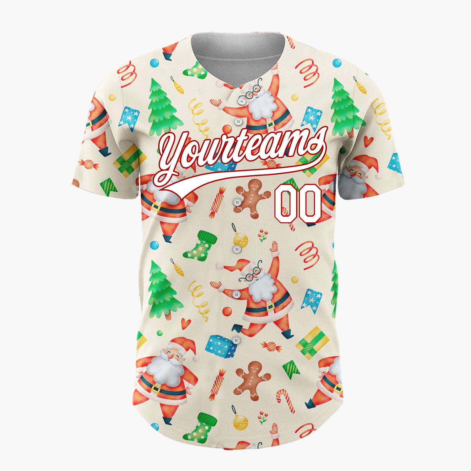 Custom Cream Santa Gingerbread And Tree Watercolor Cartoon Pattern Christmas Baseball Jersey