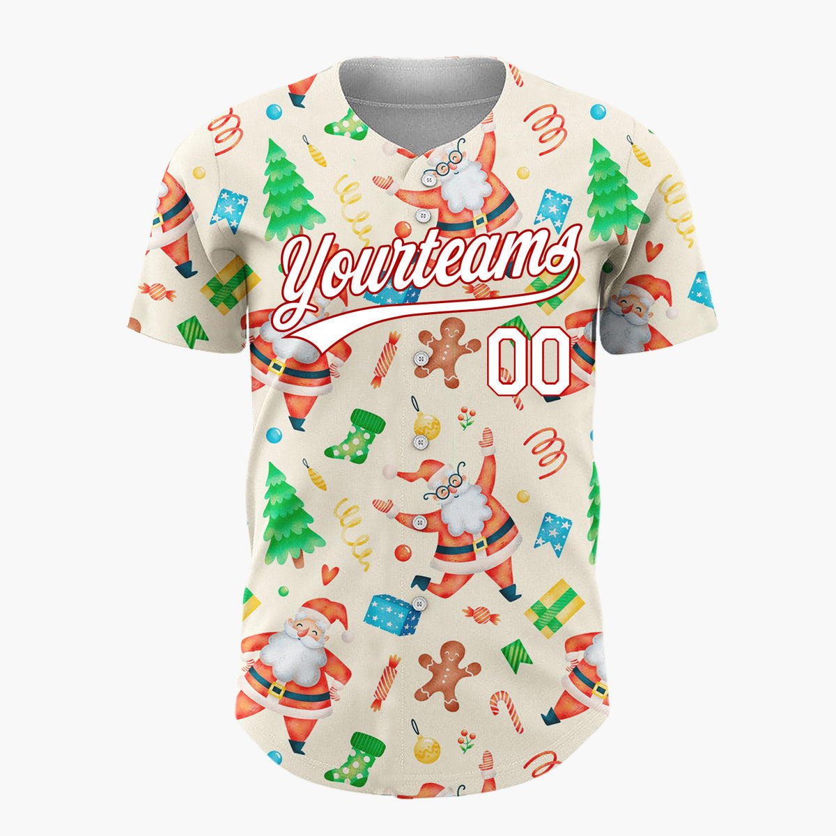 Custom Cream Santa Gingerbread And Tree Watercolor Cartoon Pattern Christmas Baseball Jersey