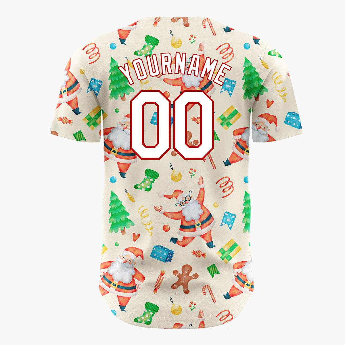 Custom Cream Santa Gingerbread And Tree Watercolor Cartoon Pattern Christmas Baseball Jersey