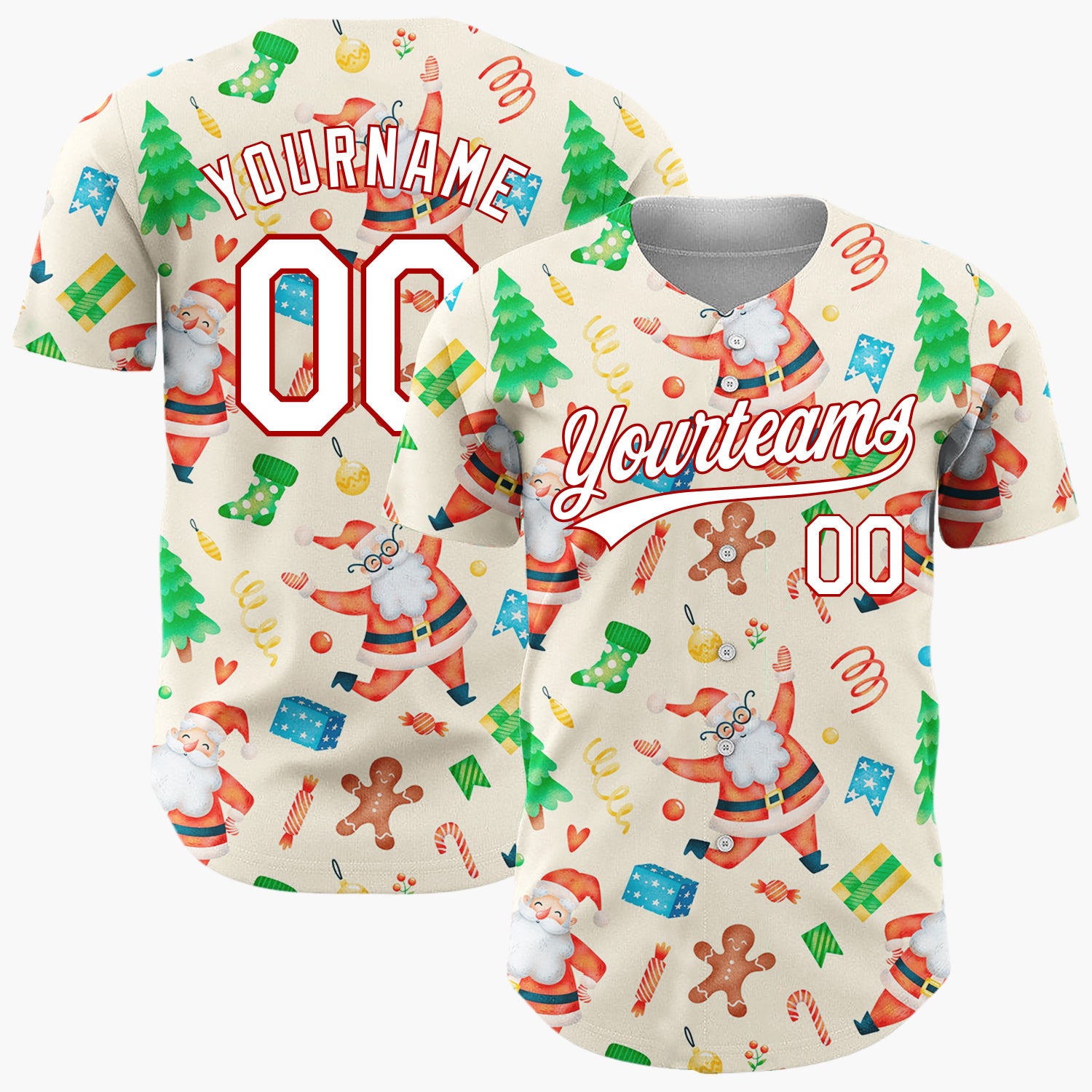 Custom Cream Santa Gingerbread And Tree Watercolor Cartoon Pattern Christmas Baseball Jersey