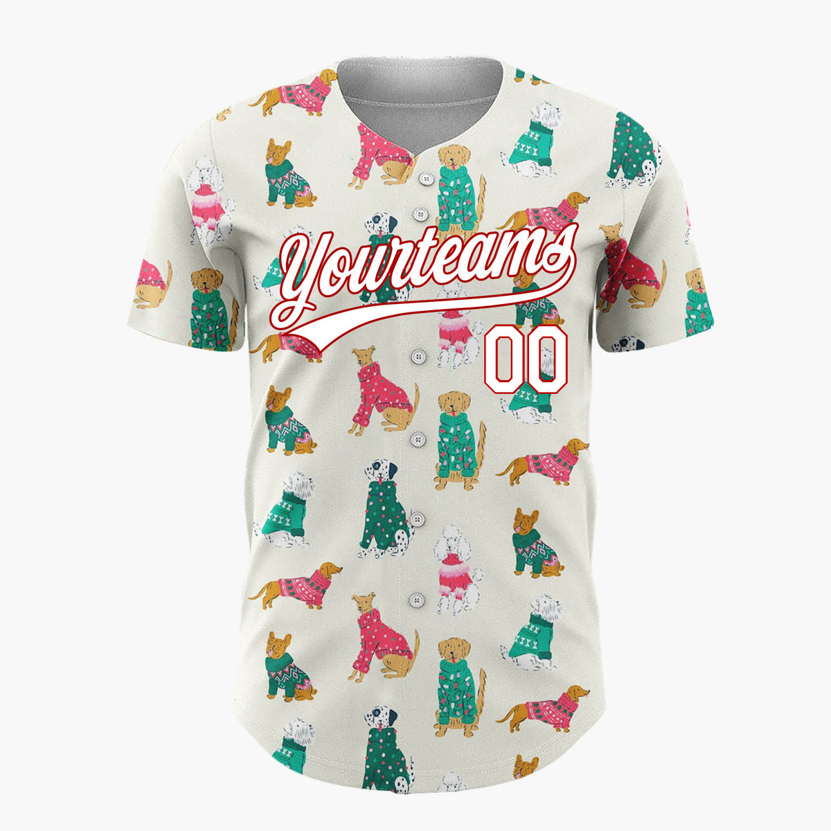 Custom Cream Green Dogs In Festive Jumpers Holiday Pet Pattern Christmas Baseball Jersey