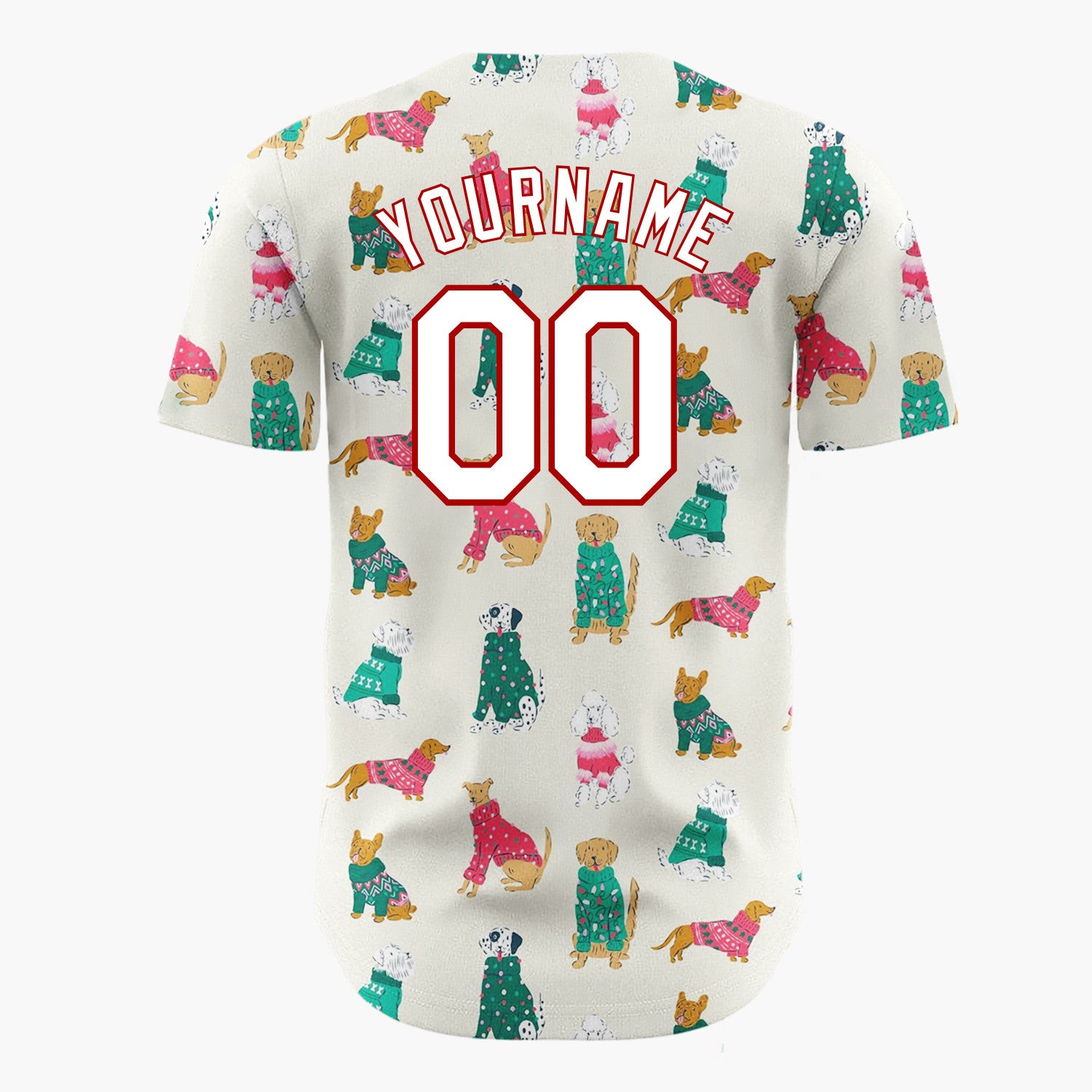 Custom Cream Green Dogs In Festive Jumpers Holiday Pet Pattern Christmas Baseball Jersey
