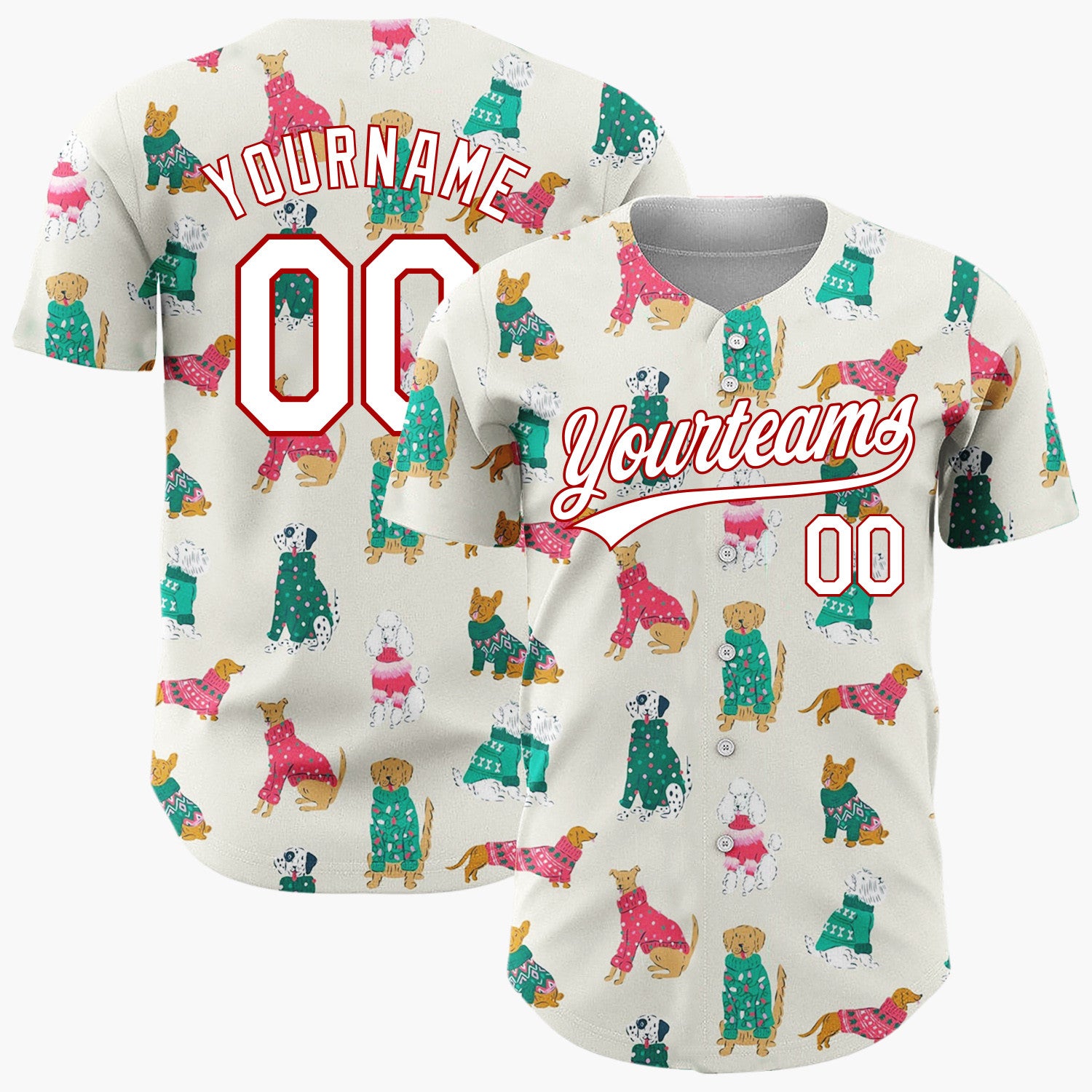 Custom Cream Green Dogs In Festive Jumpers Holiday Pet Pattern Christmas Baseball Jersey