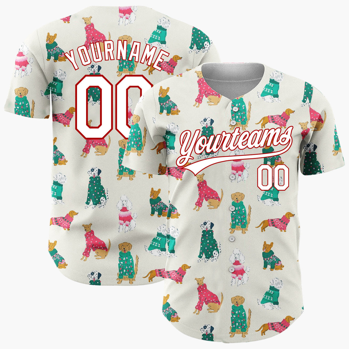 Custom Cream Green Dogs In Festive Jumpers Holiday Pet Pattern Christmas Baseball Jersey