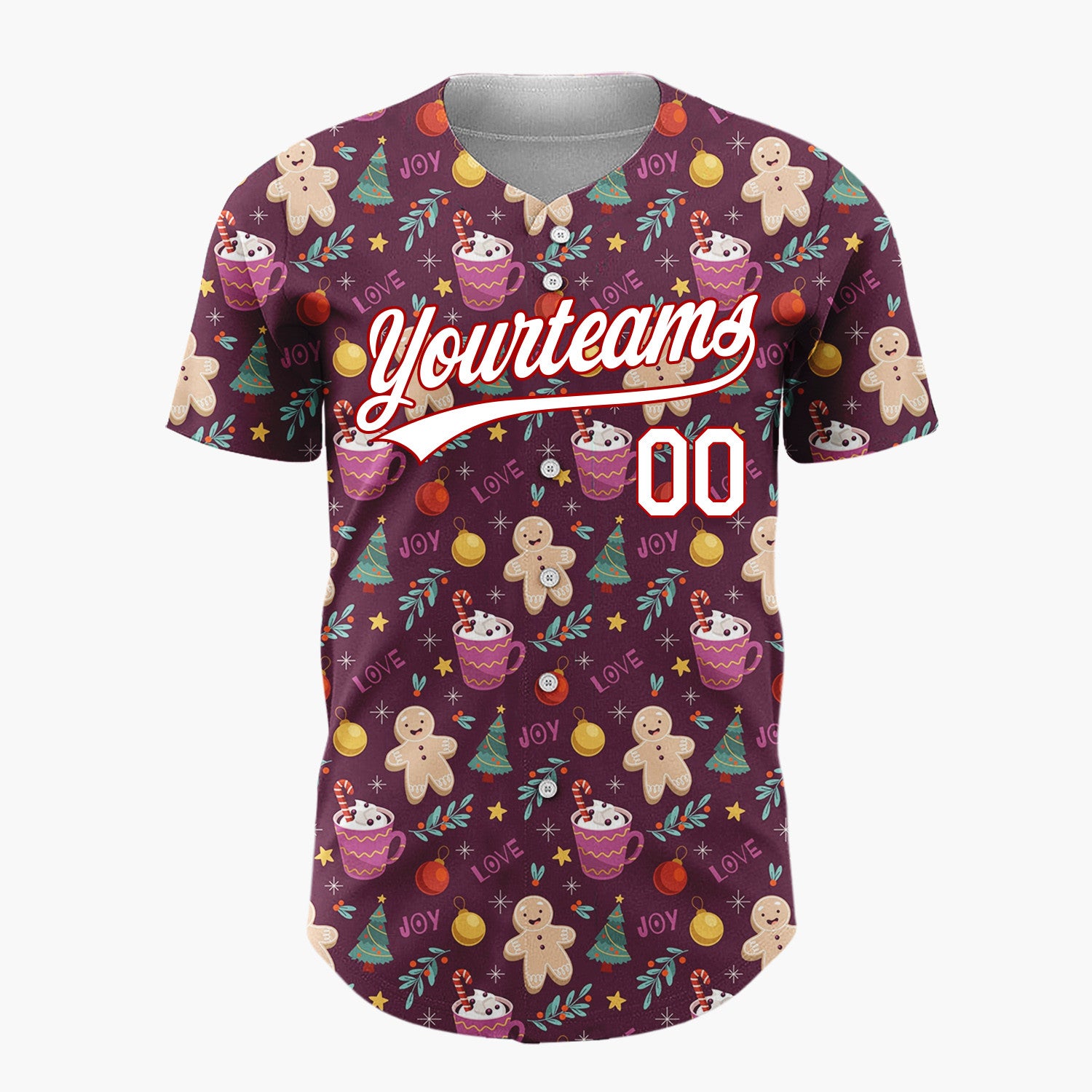 Custom Burgundy Gingerbread Trees And Cocoa Cups Joy And Love Christmas Baseball Jersey