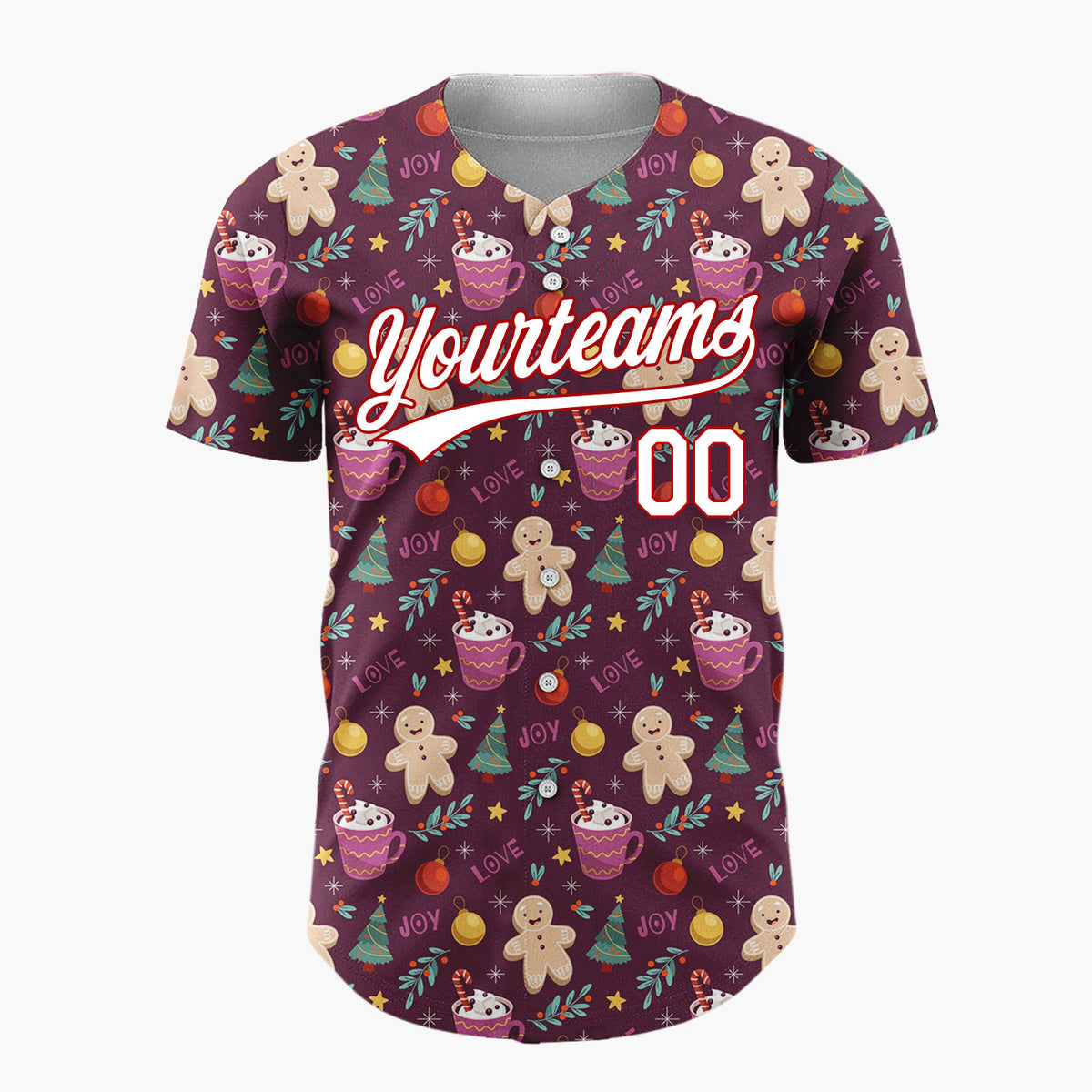 Custom Burgundy Gingerbread Trees And Cocoa Cups Joy And Love Christmas Baseball Jersey
