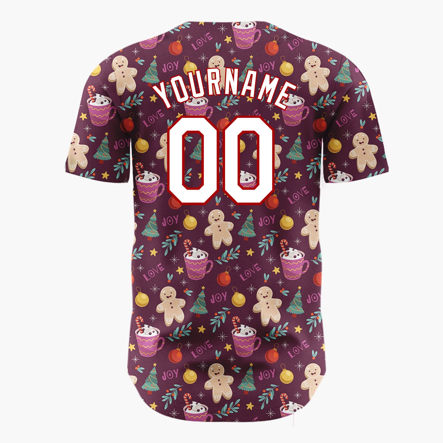 Custom Burgundy Gingerbread Trees And Cocoa Cups Joy And Love Christmas Baseball Jersey