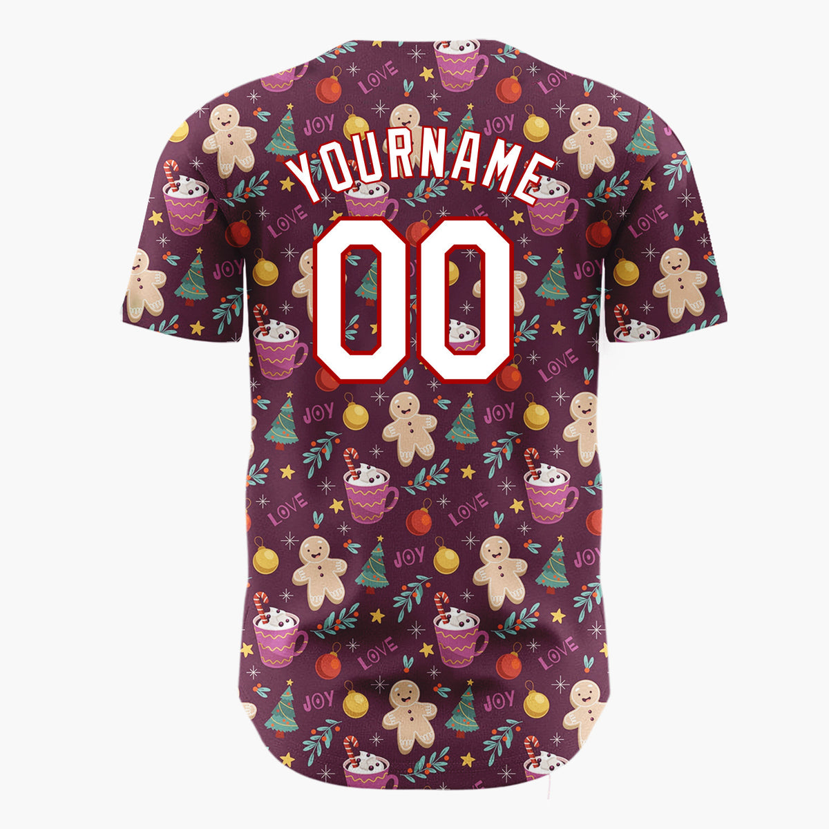 Custom Burgundy Gingerbread Trees And Cocoa Cups Joy And Love Christmas Baseball Jersey