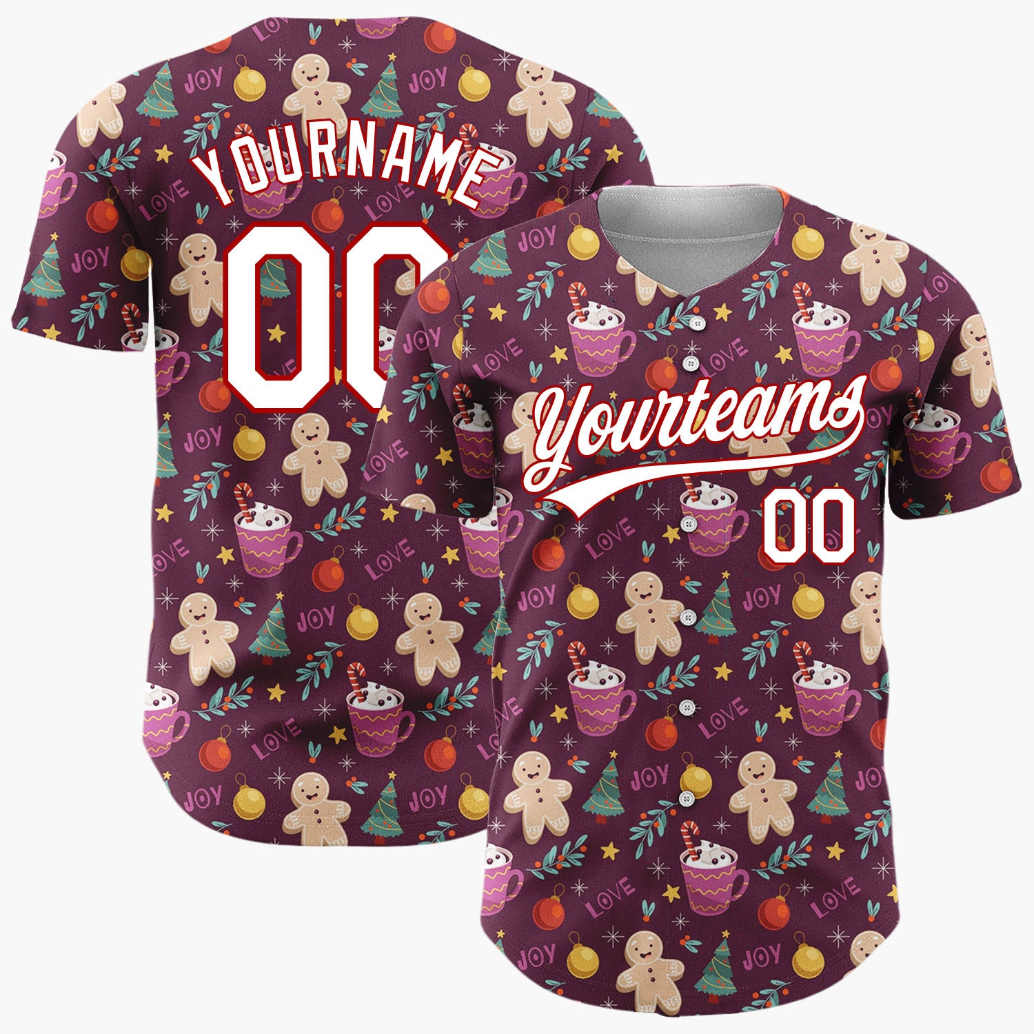 Custom Burgundy Gingerbread Trees And Cocoa Cups Joy And Love Christmas Baseball Jersey
