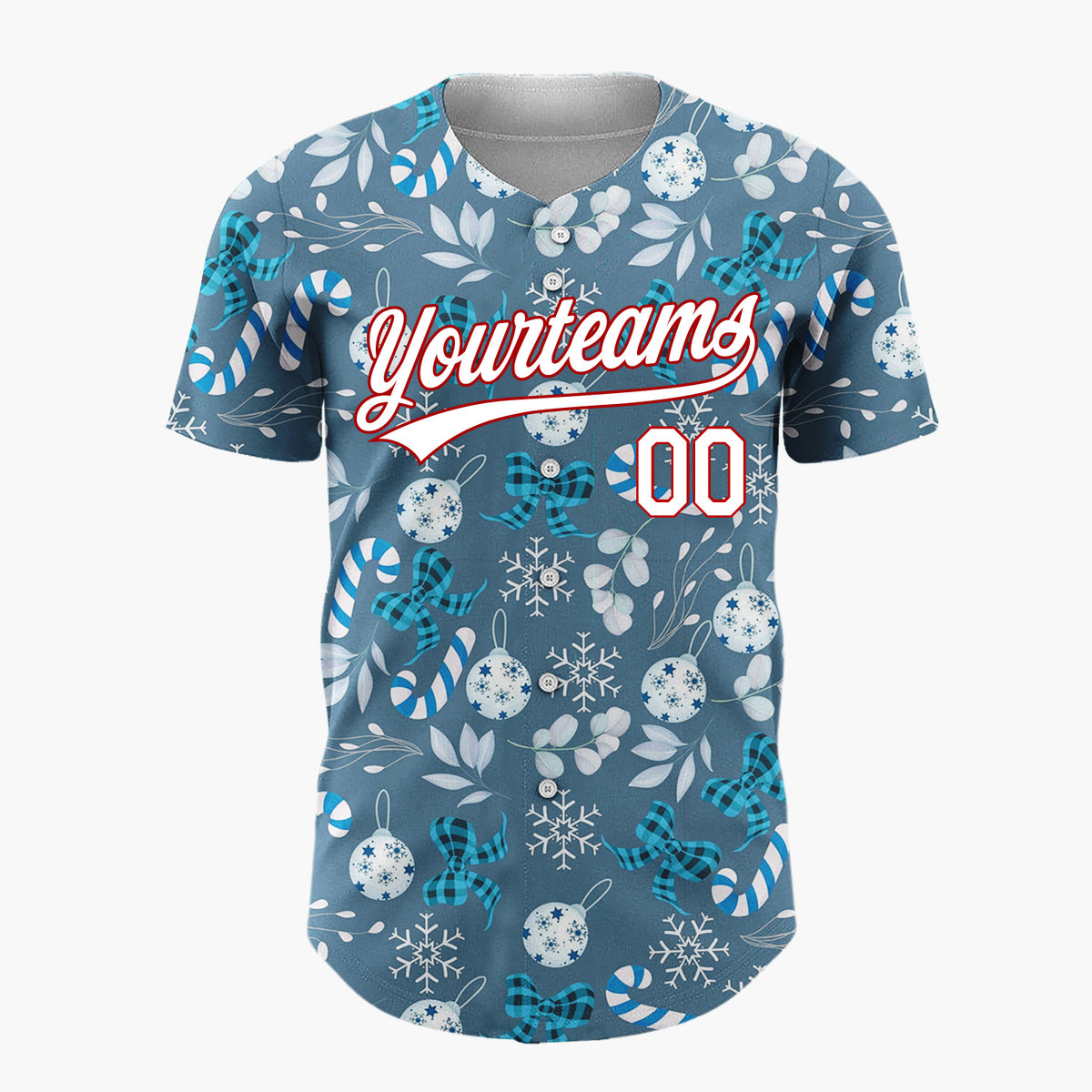 Custom Blue Silver Snowflakes Candy Canes And Bows Winter Holiday Pattern Christmas Baseball Jersey