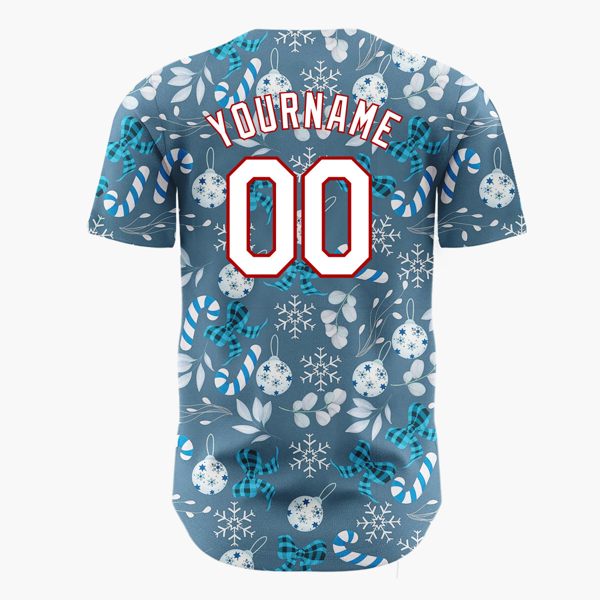 Custom Blue Silver Snowflakes Candy Canes And Bows Winter Holiday Pattern Christmas Baseball Jersey