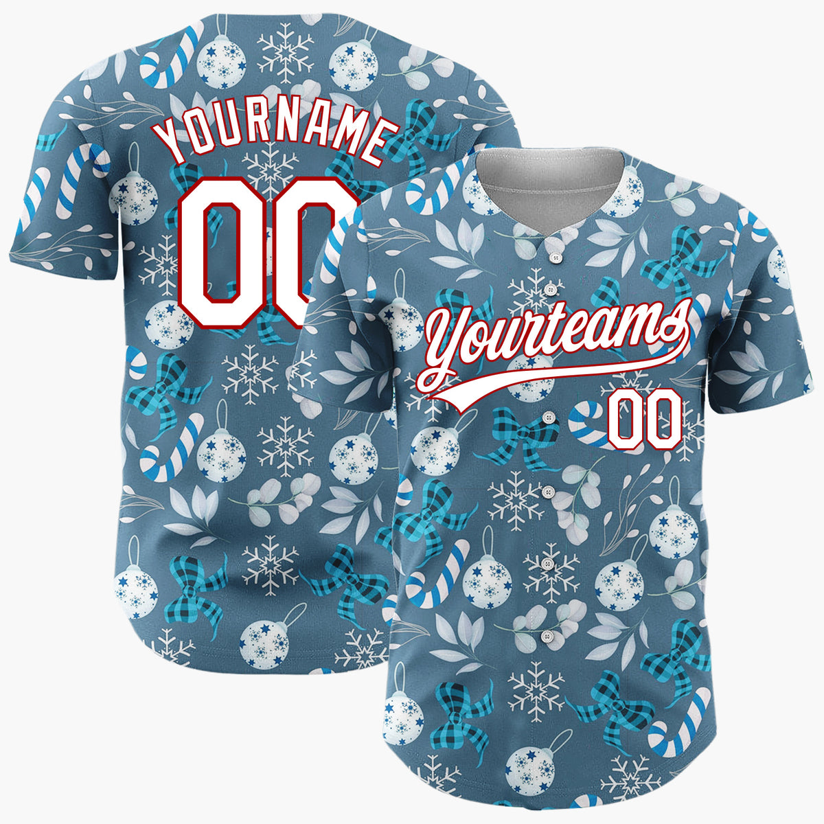 Custom Blue Silver Snowflakes Candy Canes And Bows Winter Holiday Pattern Christmas Baseball Jersey