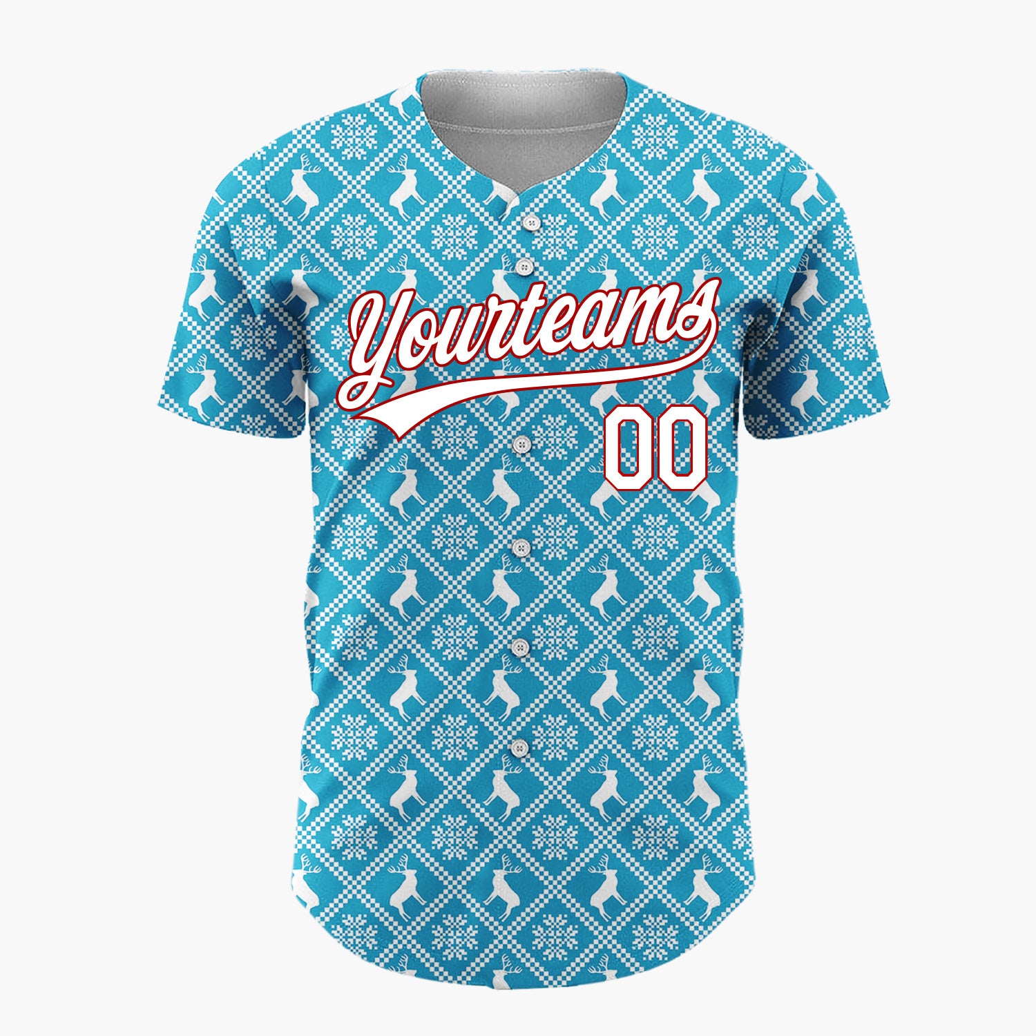 Custom Blue Reindeer and Geometric Square Nordic Fair Isle Pattern Christmas Baseball Jersey