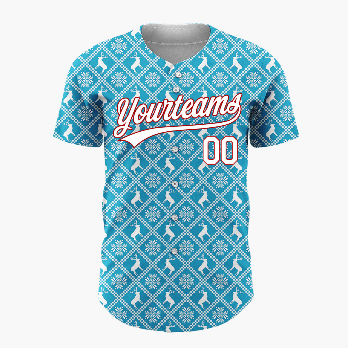 Custom Blue Reindeer and Geometric Square Nordic Fair Isle Pattern Christmas Baseball Jersey