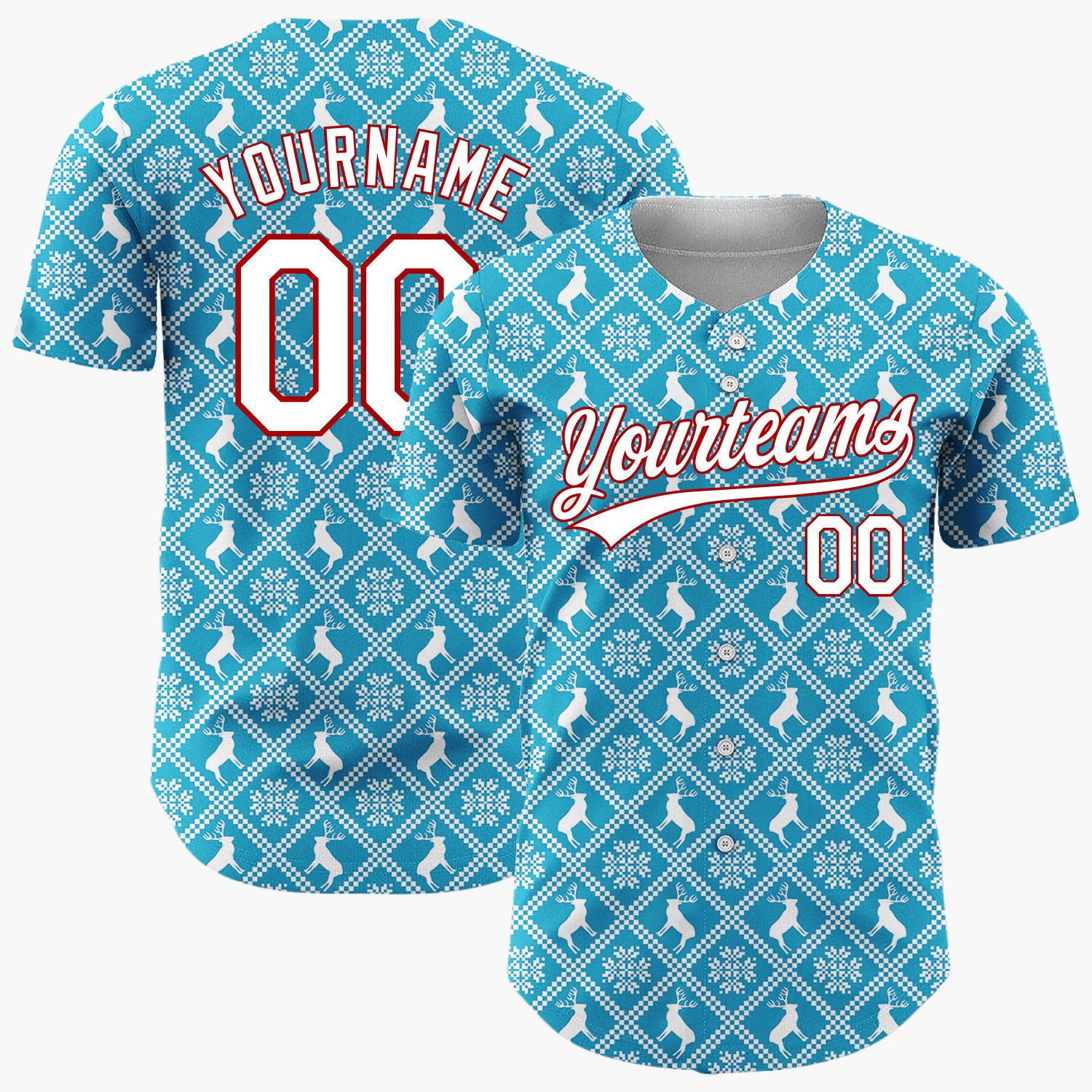 Custom Blue Reindeer and Geometric Square Nordic Fair Isle Pattern Christmas Baseball Jersey