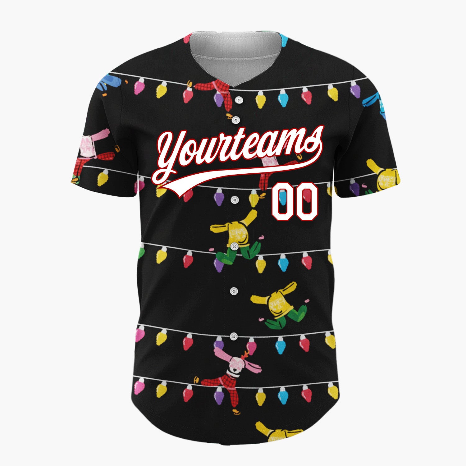 Custom Black Multicolor Dancing Characters And Lights Playful Holiday Pattern Christmas Baseball Jersey