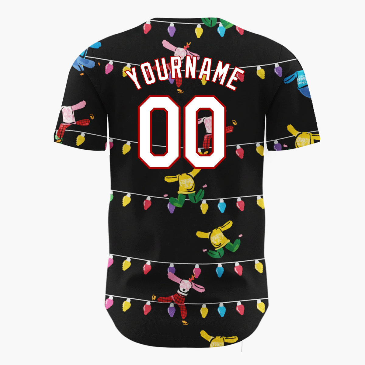 Custom Black Multicolor Dancing Characters And Lights Playful Holiday Pattern Christmas Baseball Jersey