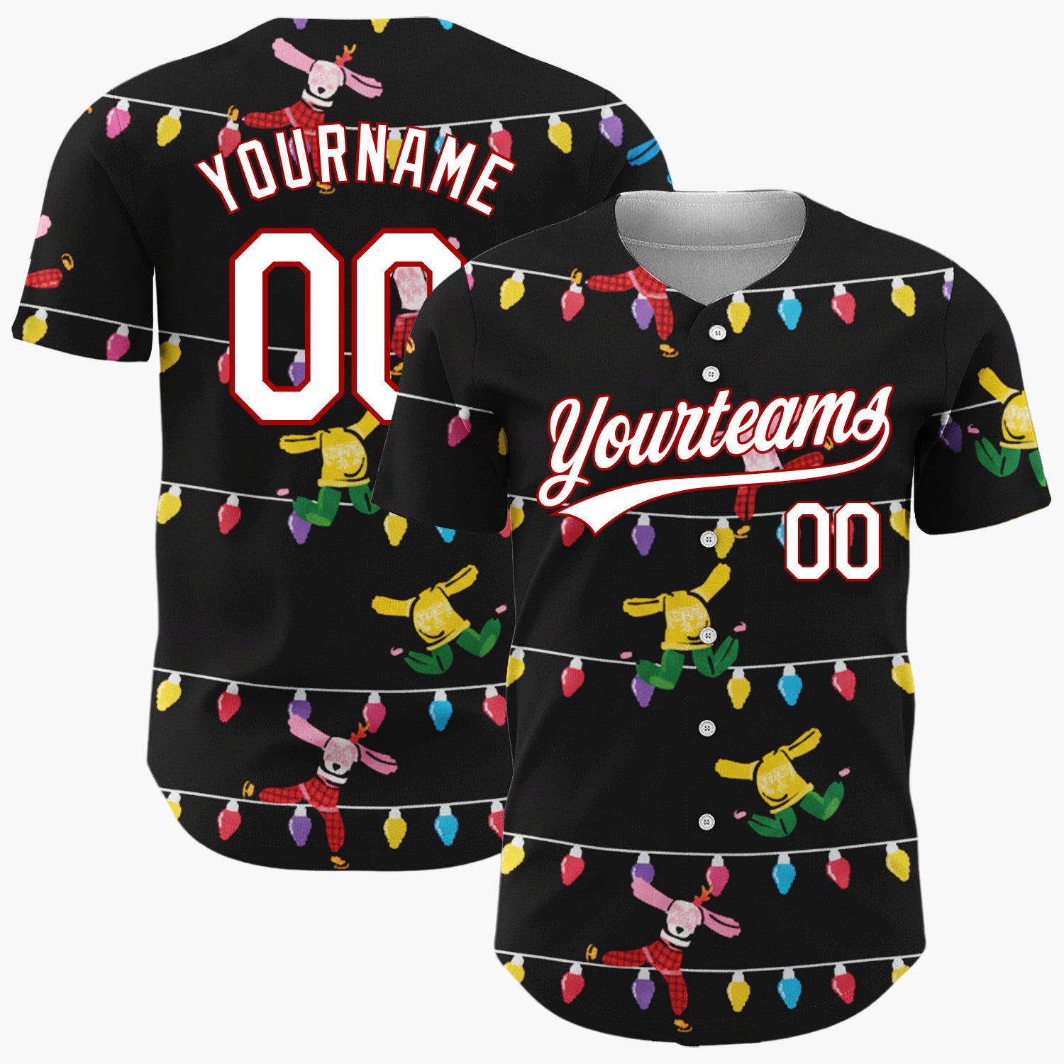 Custom Black Multicolor Dancing Characters And Lights Playful Holiday Pattern Christmas Baseball Jersey