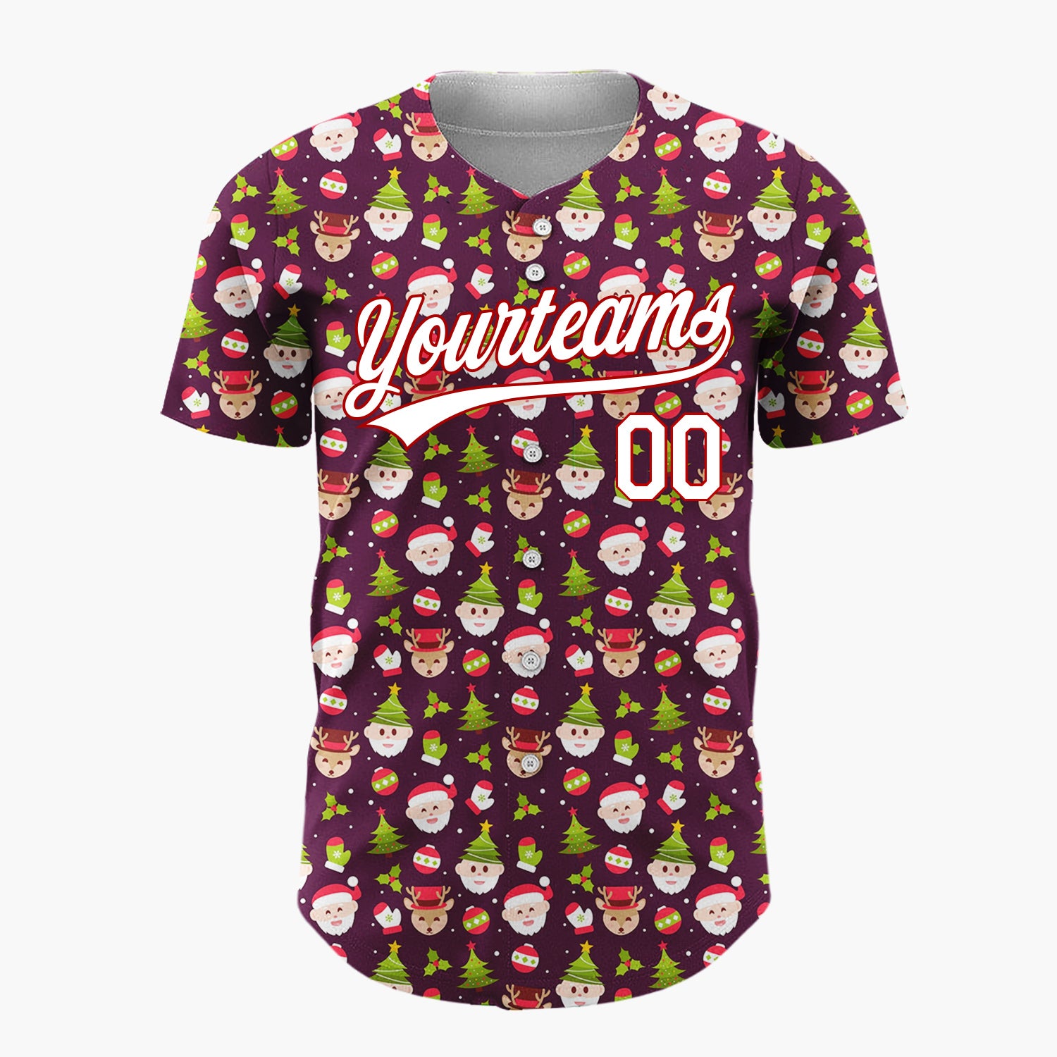 Custom Burgundy Green Red Santa Reindeer And Christmas Trees Cute Holiday Pattern Christmas Baseball Jersey
