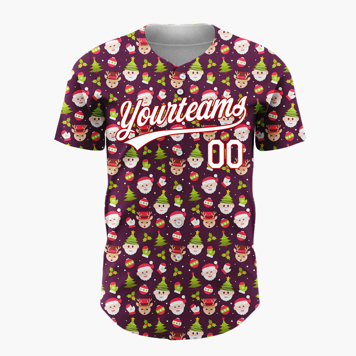 Custom Burgundy Green Red Santa Reindeer And Christmas Trees Cute Holiday Pattern Christmas Baseball Jersey