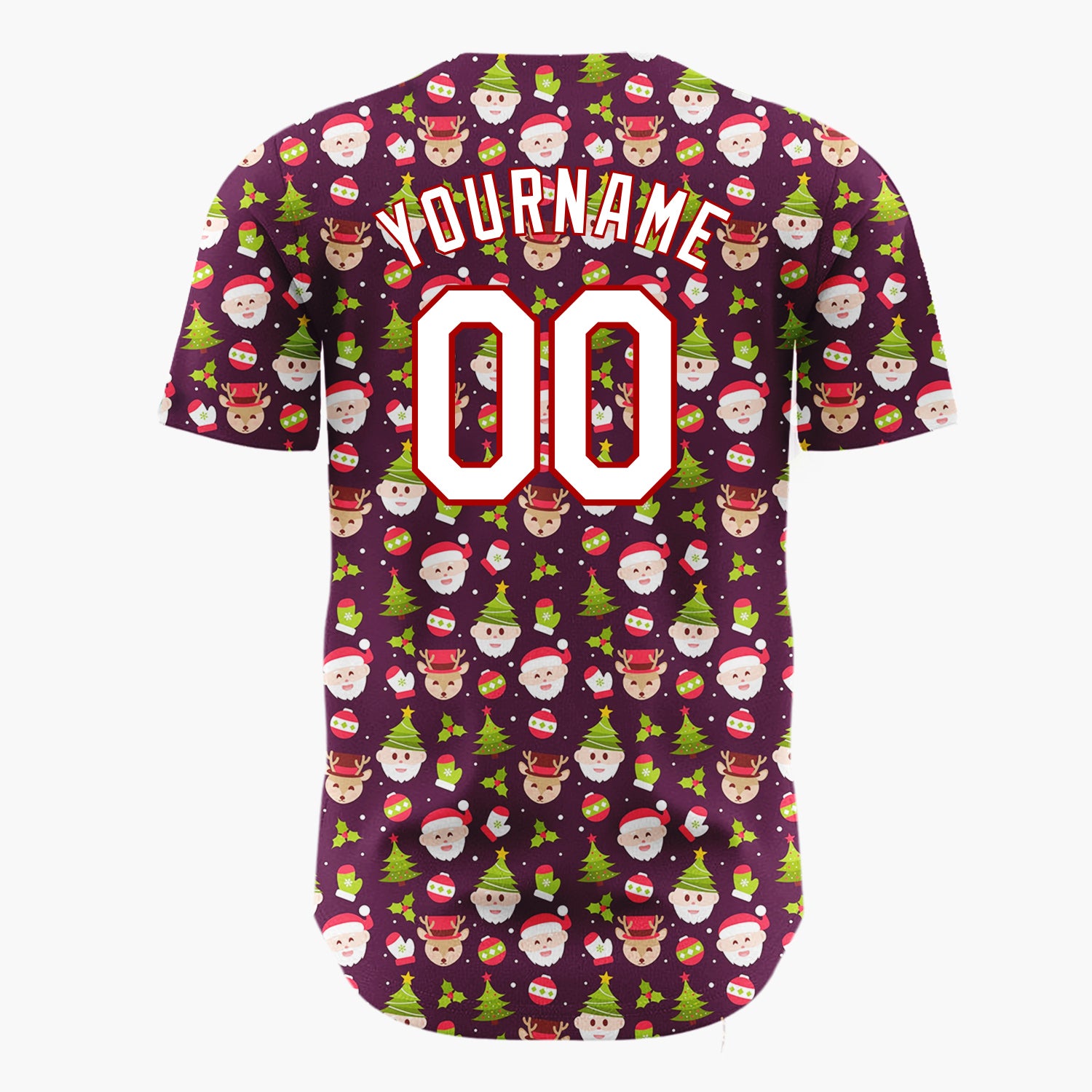 Custom Burgundy Green Red Santa Reindeer And Christmas Trees Cute Holiday Pattern Christmas Baseball Jersey