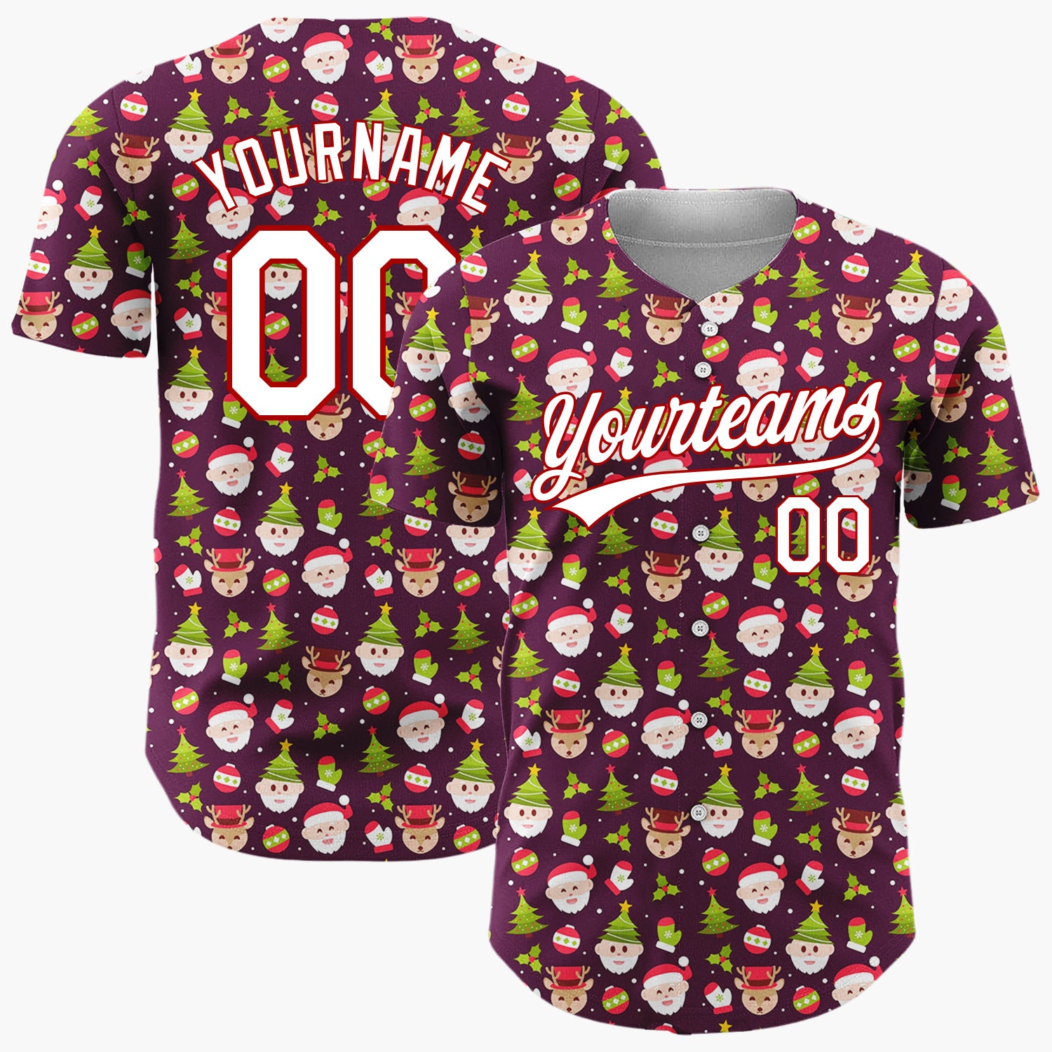 Custom Burgundy Green Red Santa Reindeer And Christmas Trees Cute Holiday Pattern Christmas Baseball Jersey