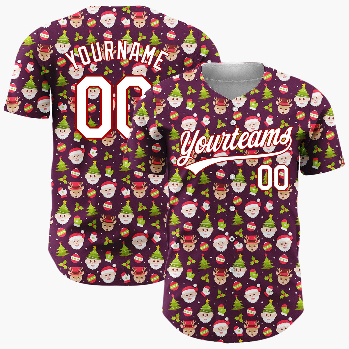 Custom Burgundy Green Red Santa Reindeer And Christmas Trees Cute Holiday Pattern Christmas Baseball Jersey