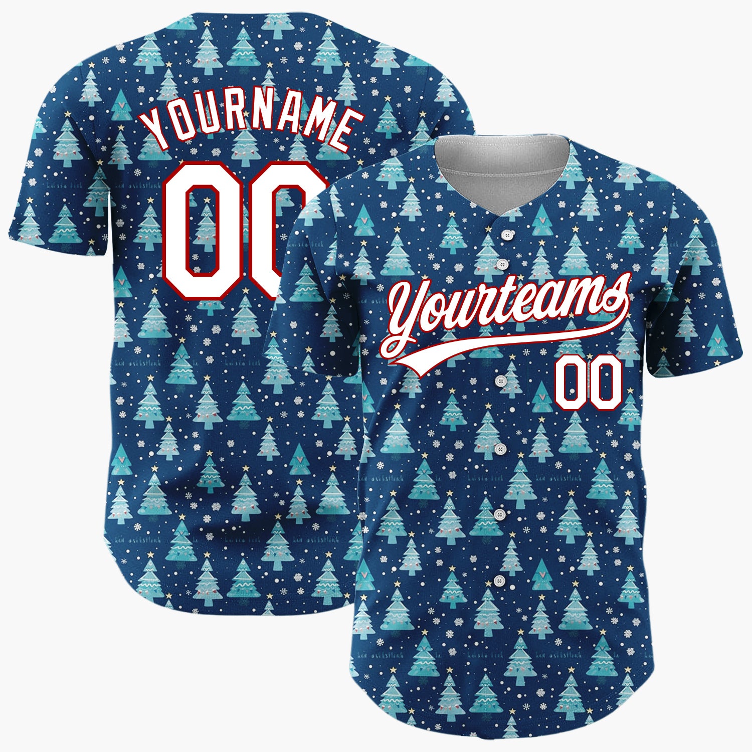Custom Dark Blue Christmas Trees Snowflakes Cartoon Pattern Christmas Baseball Jersey