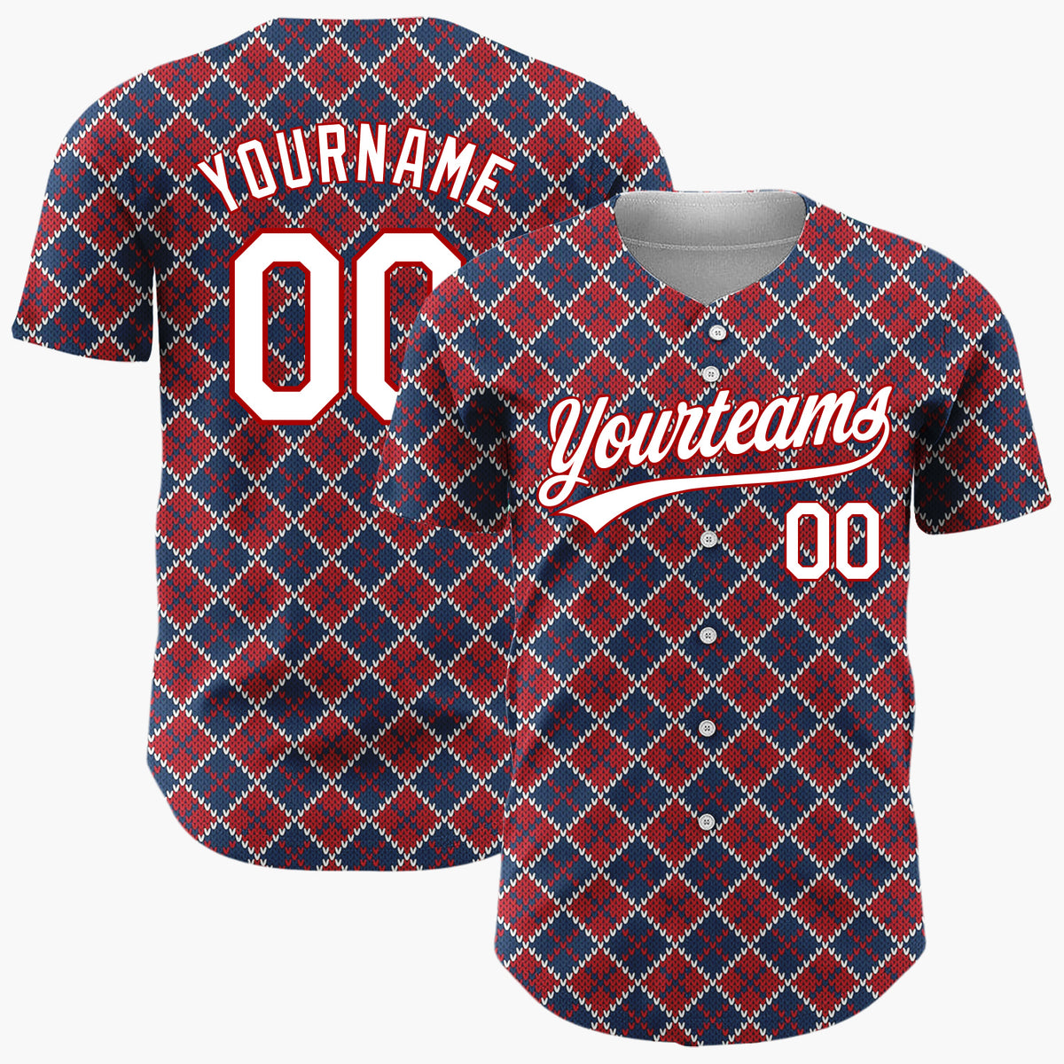 Custom Dark Blue Argyle Diamond Pattern Abstract Pattern Christmas Baseball Jersey