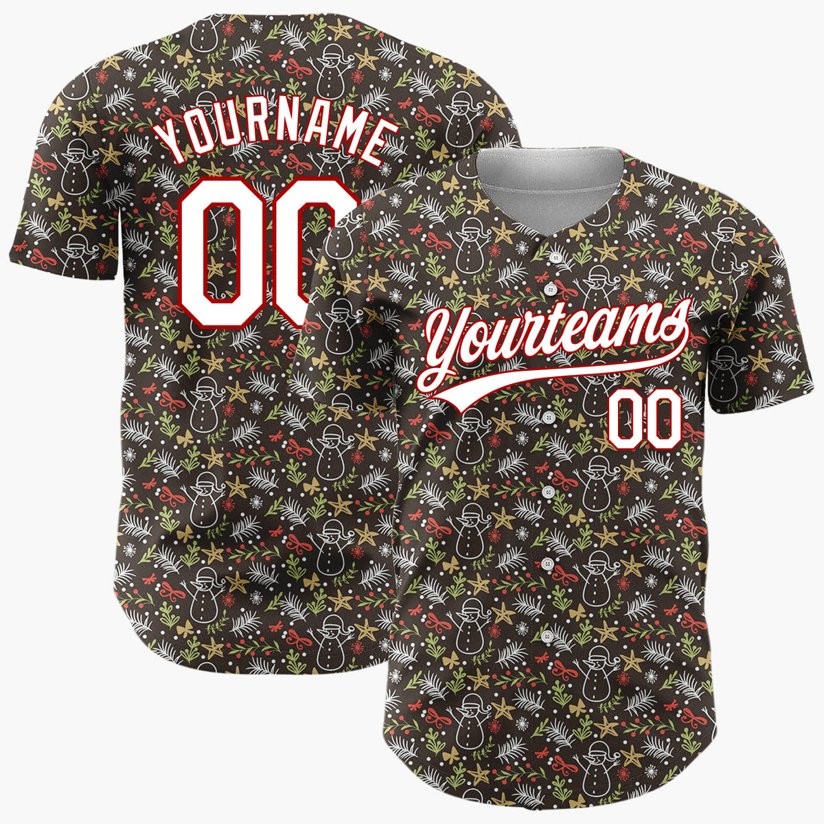 Custom Brown Christmas Foliage Subtle Cartoon Pattern Christmas Baseball Jersey
