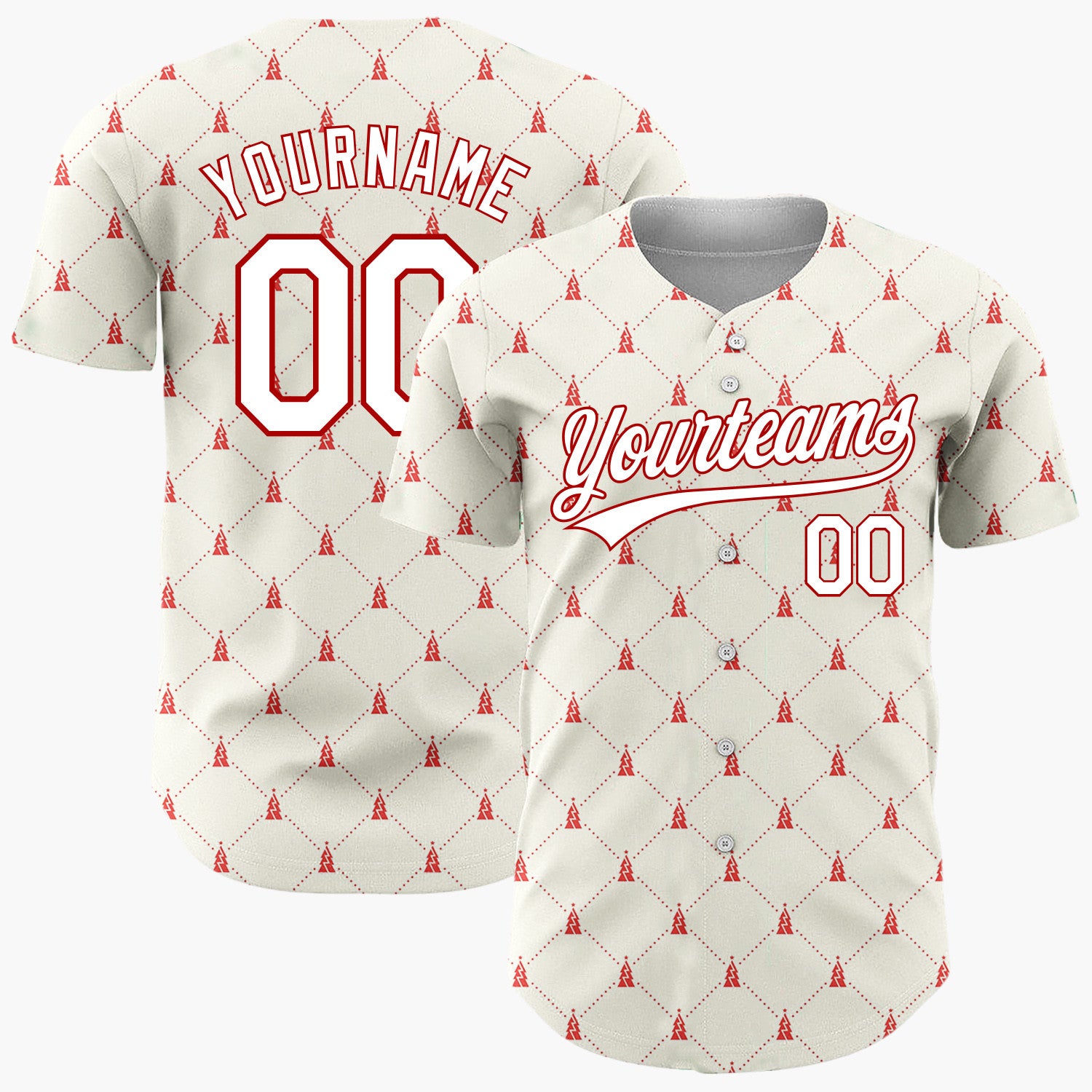 Custom Cream Red Tiny Tree Diamonds Minimalist Geometric Pattern Christmas Baseball Jersey