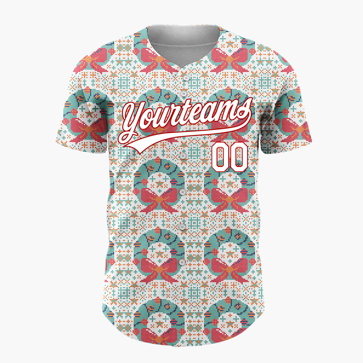 Custom Cream Wreath Cross Stitch Sweater Pattern Christmas Baseball Jersey