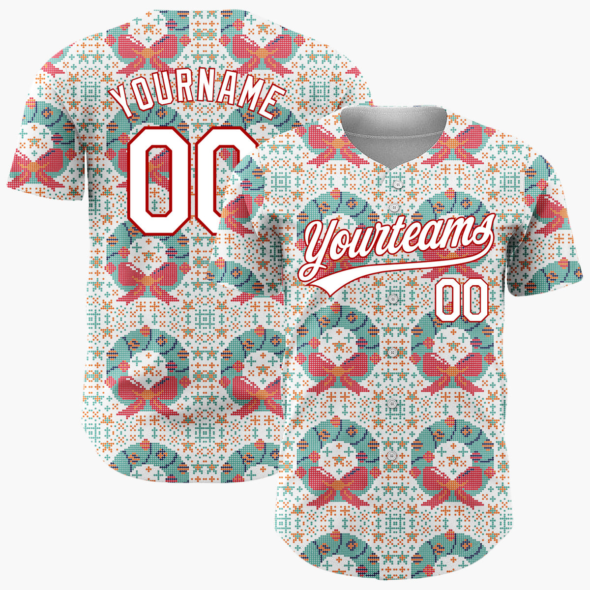 Custom Cream Wreath Cross Stitch Sweater Pattern Christmas Baseball Jersey