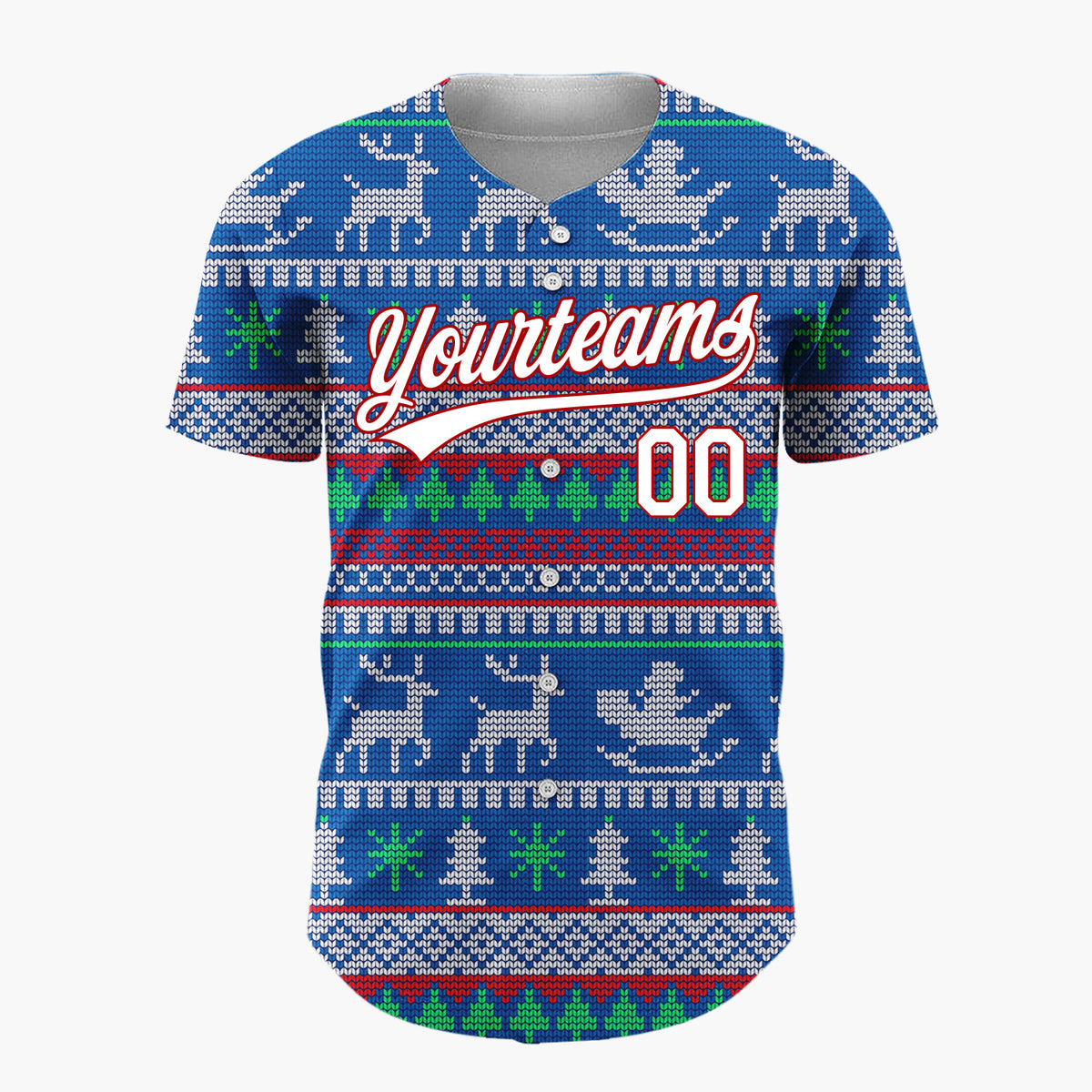 Custom Blue Green Reindeers Trees And Sleighs Knit Christmas Baseball Jersey